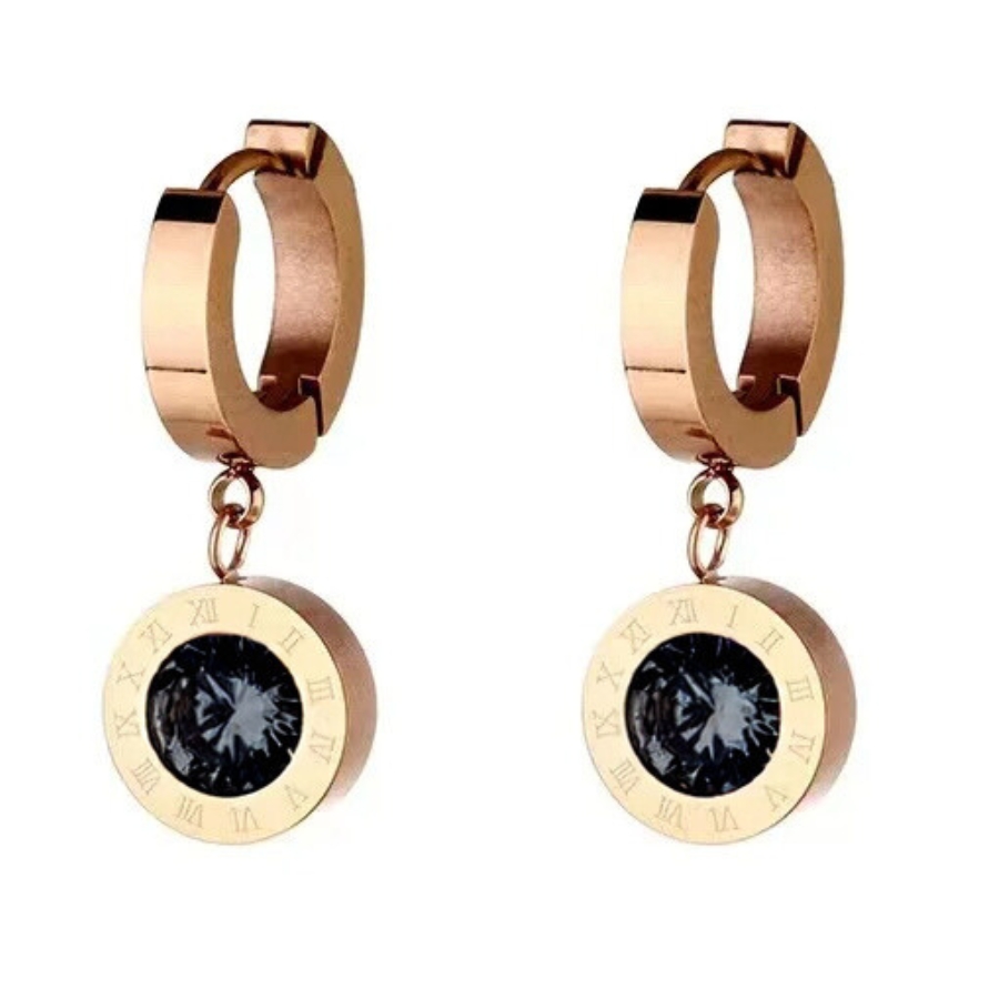 Pendiente clásico color oro rosa Piedra negra